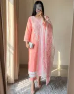 Rose Pink Floral Embroidered Three Piece