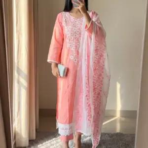 Rose Pink Floral Embroidered Three Piece