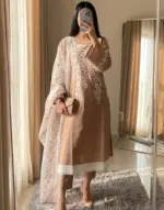 Beige Floral Embroidered Three Piece