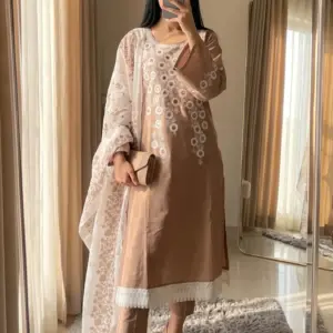 Beige Floral Embroidered Three Piece