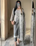 Ash Grey Floral Embroidered Three Piece