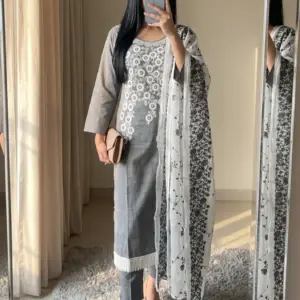Ash Grey Floral Embroidered Three Piece